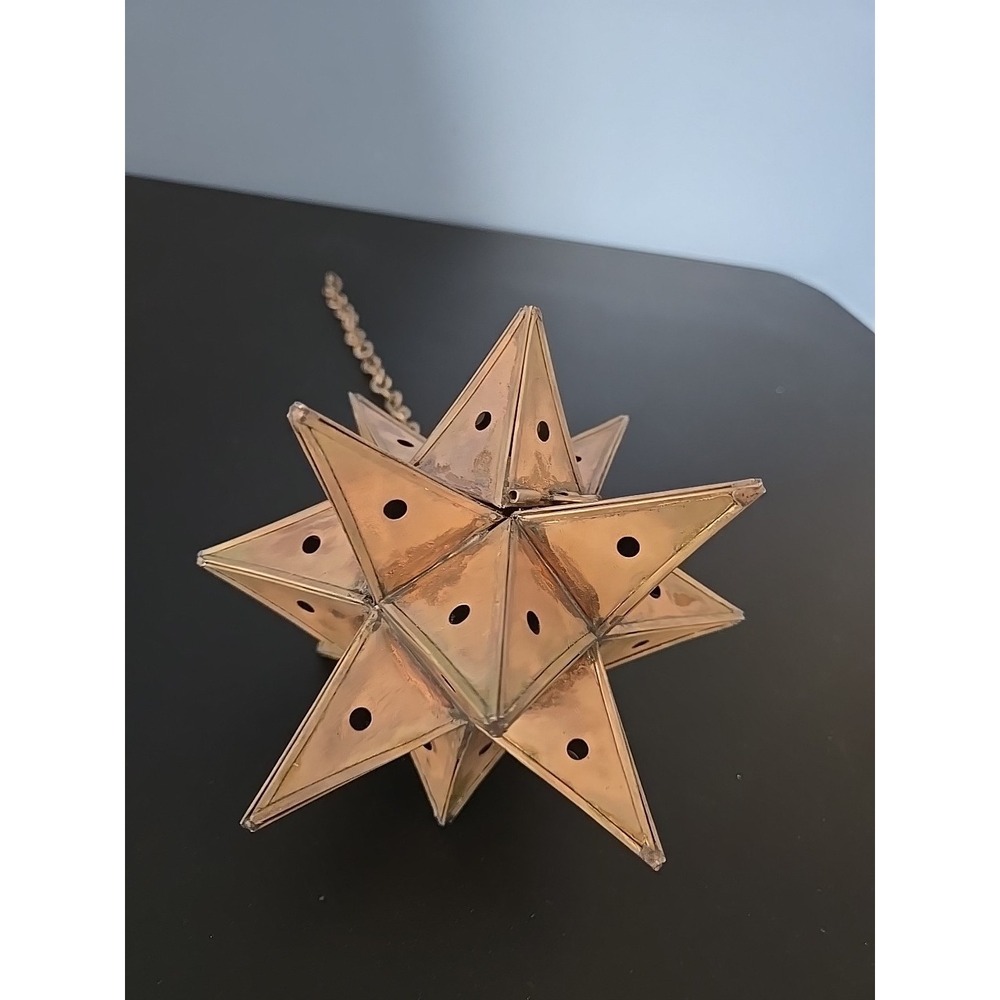 Vtg. Moravian Star Pierced Metal Votive Candle Pendant Hanging Light 6" 14 Point